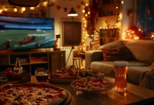 Cozy Living Room Set Up for Watching Sports with Friends and Food