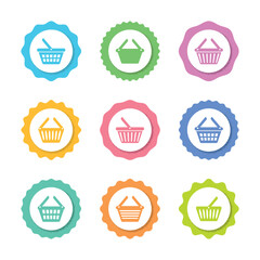 Vector simple shopping basket circle sticker set