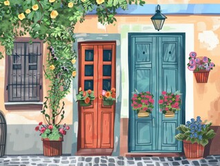 Fototapeta na wymiar A beautiful street with old historic houses, doors, windows and flowers on the windowsills. Handmade drawing vector illustration