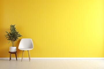 Modern Home Interior Design with Chair and House Plant Tree Bathed in Sunlight, Yellow Wall Gradient Background