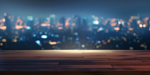 Serene evening cityscape with twinkling lights creating a bokeh effect viewed from a wooden urban balcony - obrazy, fototapety, plakaty