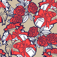 Gift box, ribbon and flowers seamless pattern for wrapping present with bow, party celebration, sale promotion, Textile print, fabric design, banner background. Hand drawn illustration cartoon style.