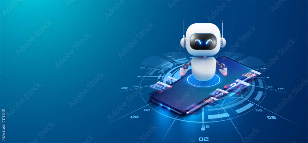 Poster futuristic robot with interactive interface over smartphone. sleek white robot emerging from a smart