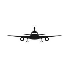 Plane black icon. Silhouette of a large plane from the front vector icon. Airplane vehicle for passengers vector. Flying transport plane black icon.