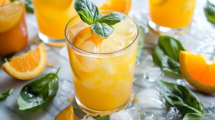 Glass of Fresh Orange Juice Garnished With Mint