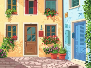 A beautiful street with old historic houses, doors, windows and flowers on the windowsills. Handmade drawing vector illustration 