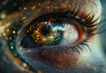 Close up of human eye with circuit board reflection