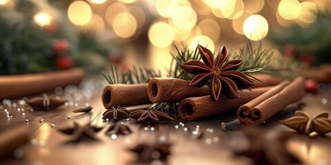 Close-up view of warm cinnamon sticks, star anise, and pine branches with soft bokeh lights, conveying a cozy Christmas atmosphere