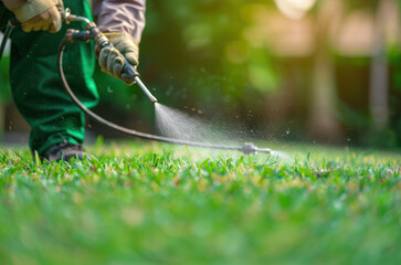 Worker spraying pesticide on a green lawn outdoors for pest control