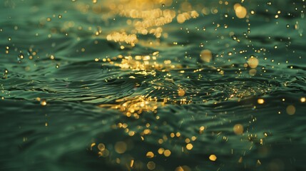 A closeup of the shimmering water surface, with bubbles floating on it and golden glitter scattered in the sea. Generated by artificial intelligence.