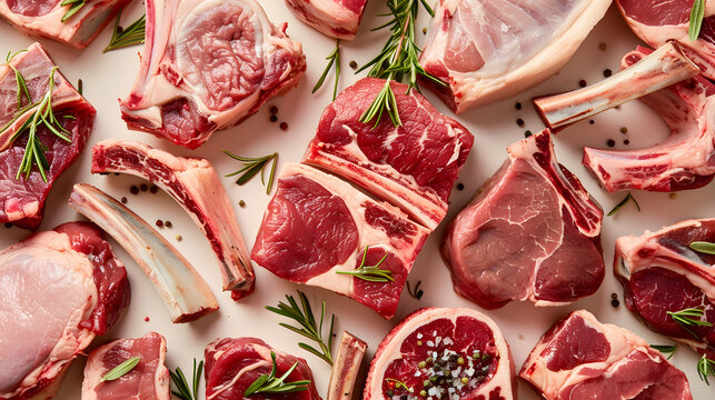 Assortment of various raw lamb cut parts with copy space : Generative AI