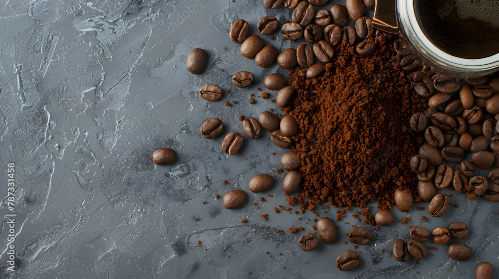 Poster roasted coffee beans and ground coffee on gray background copy space directly above : generative ai