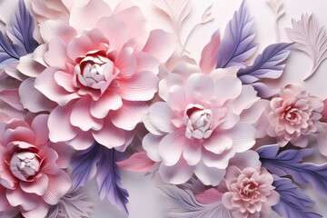 3D Illustration Papercraft Watercolor Art of Pink and White Flower Bouquet with Leaves, Luxurious Floral Background