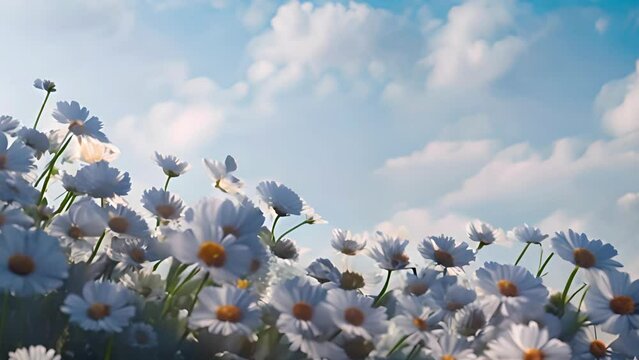 Daisies in summer blue sky. Wild chamomile flowers on a sunny day against a blue sky, Spring flowers daisy field. White clouds moving Copy space 4k