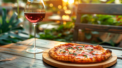 pizza and wine in the garden. selective focus. - obrazy, fototapety, plakaty