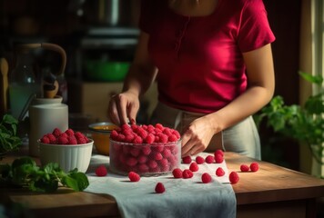 woman preparing homemade raspberries on a cake