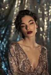 A glamorous portrait of a model in a sequined evening dress, highlighting luxury and glamour. 