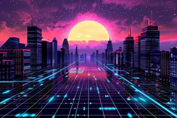Gordijnen Retro futuristic synthwave retrowave styled night cityscape with sunset on background © Riva