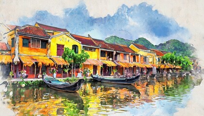 Hoi An Vietnam in watercolor painting - obrazy, fototapety, plakaty
