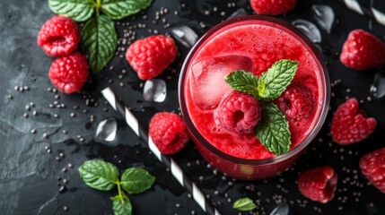Selective focus on vibrant raspberry smoothie in detox diet concept for healthy vegetarian eating - obrazy, fototapety, plakaty