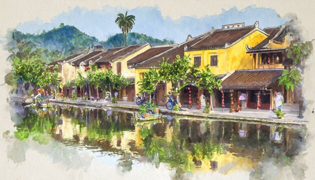 Hoi An Vietnam in watercolor painting