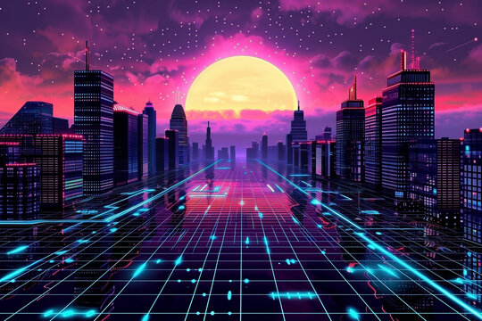 Retro futuristic synthwave retrowave styled night cityscape with sunset on background