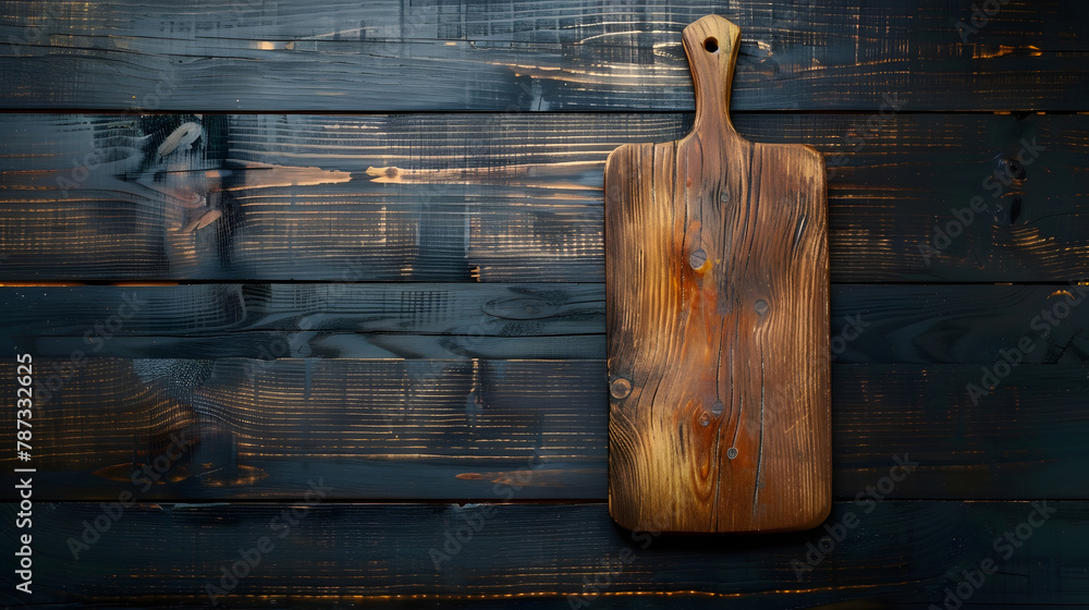 Aufkleber old cutting board on dark wooden table view from above copy space : generative ai