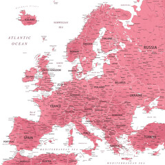 Europe - Highly Detailed Vector Map of the Europe. Ideally for the Print Posters. Rose Pink Colors. Relief Topographic