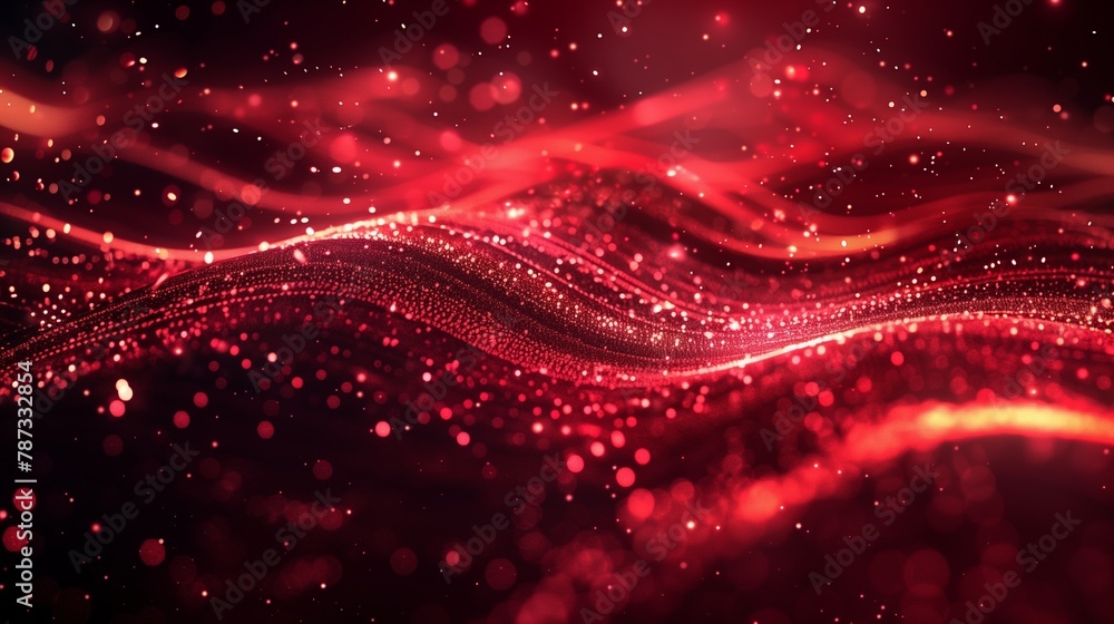 Poster red glowing particles wave on dark background. abstract red waves and swirls with bokeh lights. flow