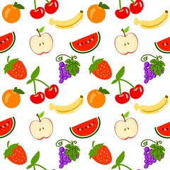 Fresh Fruit Seamless Pattern:  Apple, Strawberry, Cherry, Orange, Pear, Banana, Watermelon, grape and cherry Cartoon Illustration hand drawn