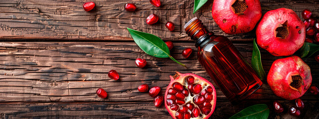pomegranate essential oil in a bottle. selective focus. - obrazy, fototapety, plakaty