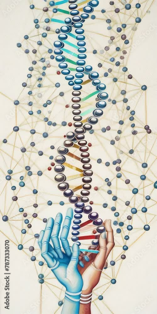 Poster silhouetted hand interacting with a stylized dna helix amid geometric shapes and splatter elements o