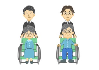 介護を受ける車椅子に乗ったシニア男女セット