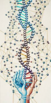 Silhouetted hand interacting with a stylized DNA helix amid geometric shapes and splatter elements on a textured background. Illustrative art style for genetics and innovation concept