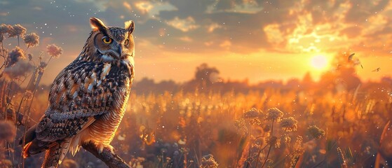 A majestic owl perched on a branch, overlooking the meadow at twilight , high-resolution