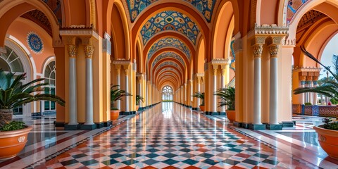 long hallway with arched ceilings and colorful tiles - obrazy, fototapety, plakaty
