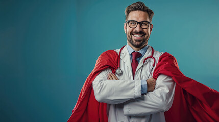 doctor in a white coat and a red superhero cape