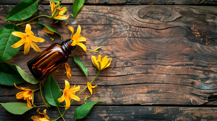 ylang-ylang essential oil in a bottle. selective focus.