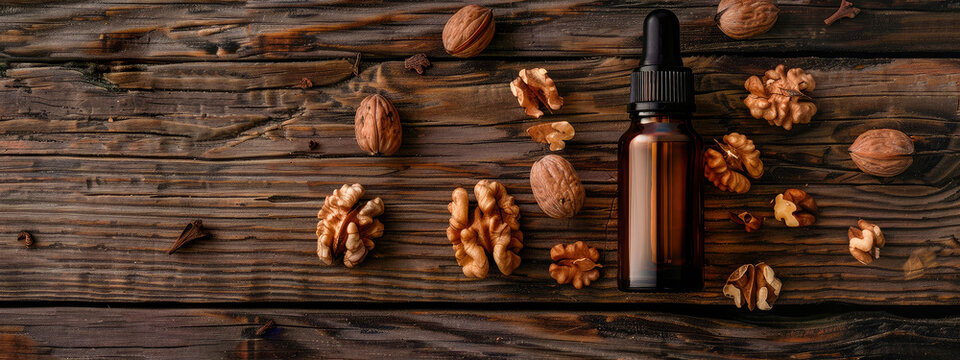 walnut essential oil in a bottle. selective focus.