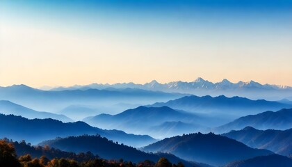 Fototapeta na wymiar Panoramic landscape of great Himalayas mountain range during an autumn morning from Kausani also known as 'Switzerland of India' a hill station in