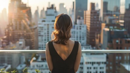 A young woman in a sleek black dress stands on a balcony overlooking a bustling cityscape. gazes out into the distance back . .