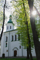 Exterior of St. Cyril church in Kyiv. Cyril church in the morning. Religious heritage of Ukrainian culture. Orthodox christian monastery. White church with cross. Religious architecture. - 787334219
