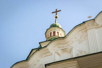 Kyiv, Ukraine - 04 11 2024: exterior of St. Cyril church in Kyiv. White stone church and golden...
