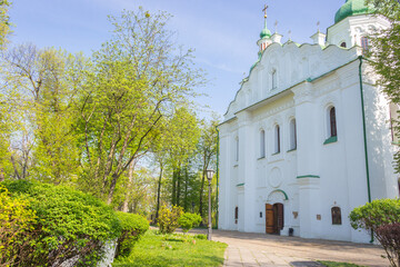Kyiv, Ukraine - 04 11 2024: exterior of St.Cyril church in Kyiv. Springtime in back yard of Cyril...