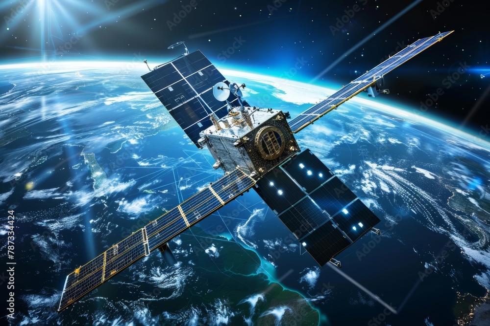 Poster cutting edge telecom satellite using holographic data for worldwide internet connectivity