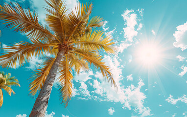 Summer background, Palm tree on tropical beach with blue sky and white clouds abstract background