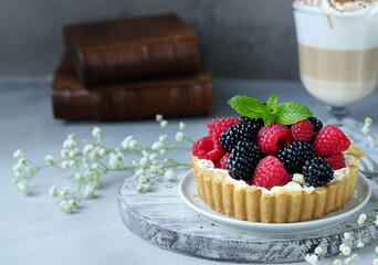 pie cake with berries and cream for dessert and treat