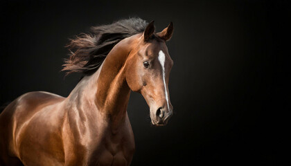 Beautiful horse portrait - brown stallion in motion on black background