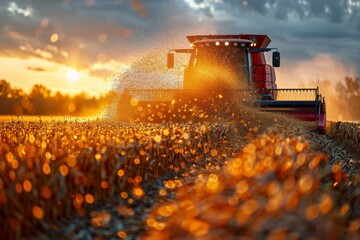 A harvesting combine actively working the fields, sending up a spray of crop at sunset