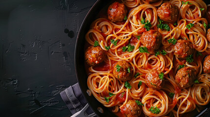 Spaghetti pasta with meatballs in tomato sauce with parsley in frying pan dark table background top view Banner copy space : Generative AI